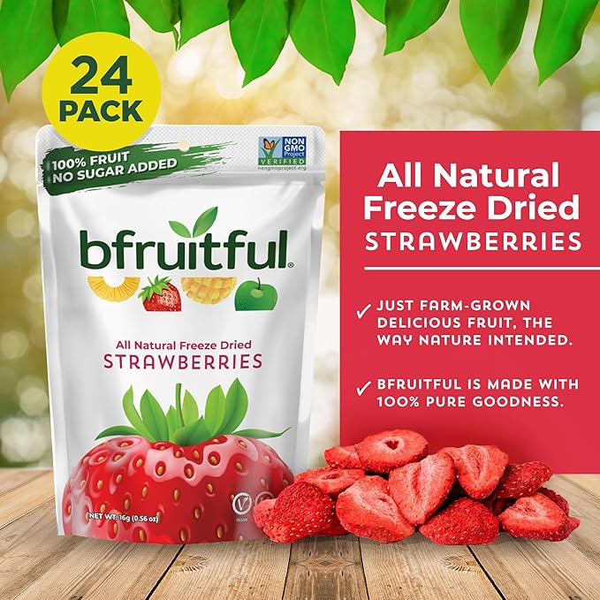 bfruitful Freeze-Dried Strawberries, Freeze Dried Fresh Fruit Bites, Gluten Free, Vegan, Dairy