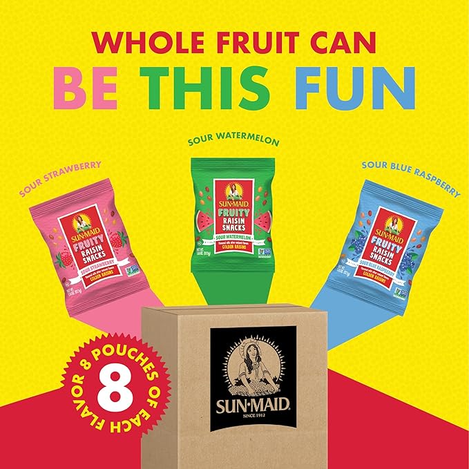 Sun-Maid Fruity Raisin Snack Variety Pack - Sour Strawberry, Watermelon & Blue Raspberry - (24