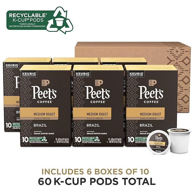 Peet's Coffee, Medium Roast Keurig K-Cup Pods - Single Origin Brazil 60 Count (6 Boxes of 10 K-Cup
