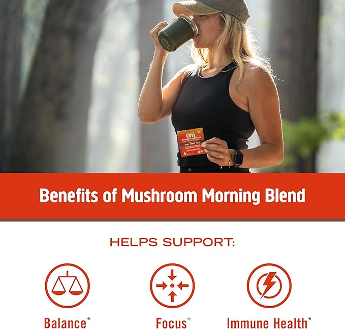 Om Mushroom Superfood Morning Energy Blend Mushroom Powder Drink, Single Serve, 10 Count, Coffee