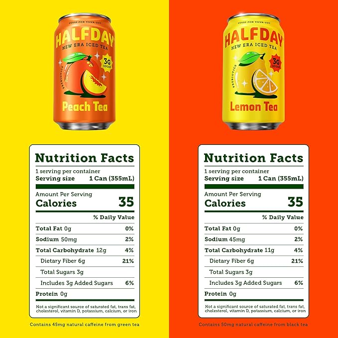 HALFDAY Prebiotic Iced Tea Peach & Lemon Variety Pack, Supports Digestive & Gut Health, 6g Plant