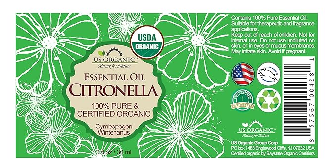 US Organic Citronella Essential Oil, USDA Certified, 100% Pure, 30 ml, Improved caps and droppers