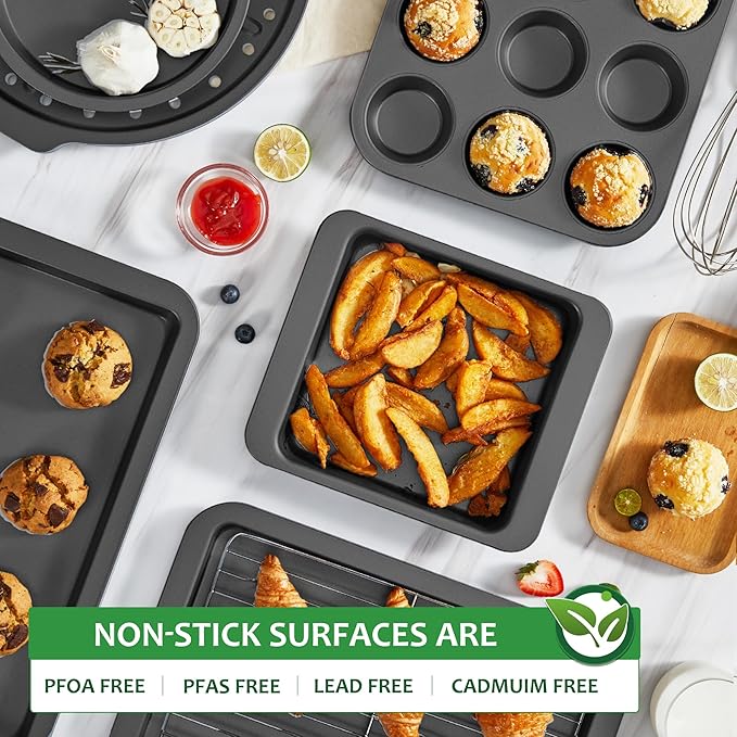 HONGBAKE Bakeware Sets, Baking Pans Set with Kitchen Utensils, Nonstick Oven Pan with Wider Grips