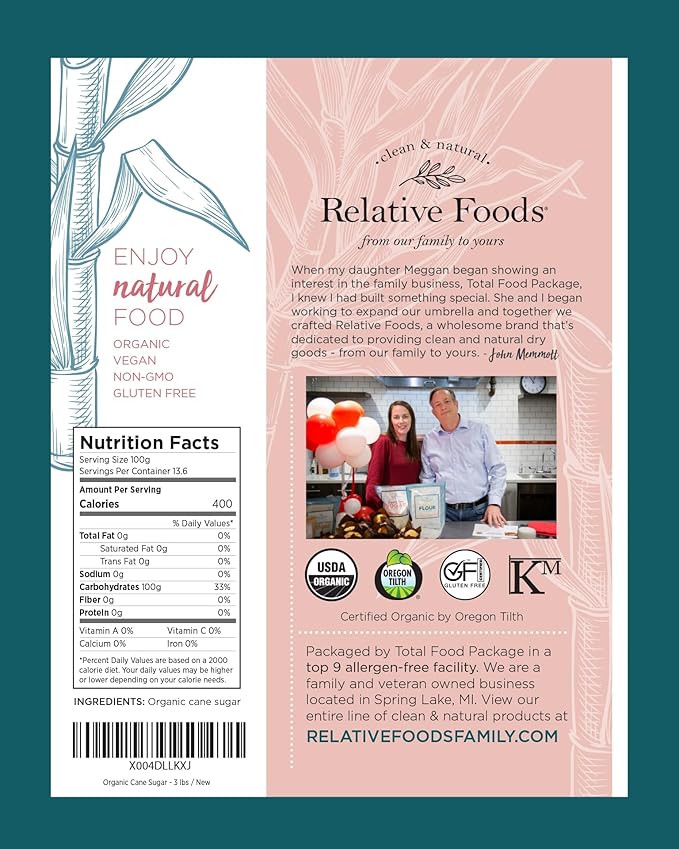 Organic Cane Sugar Crystals (3lb sugar packet) - Preservative & bone-char free, vegan food sugar