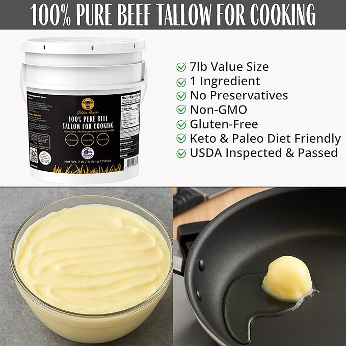 100% Pure Beef Tallow for Cooking & Deep Frying - 7lb Bulk Size - Food Grade Non-GMO | Nose to Tail