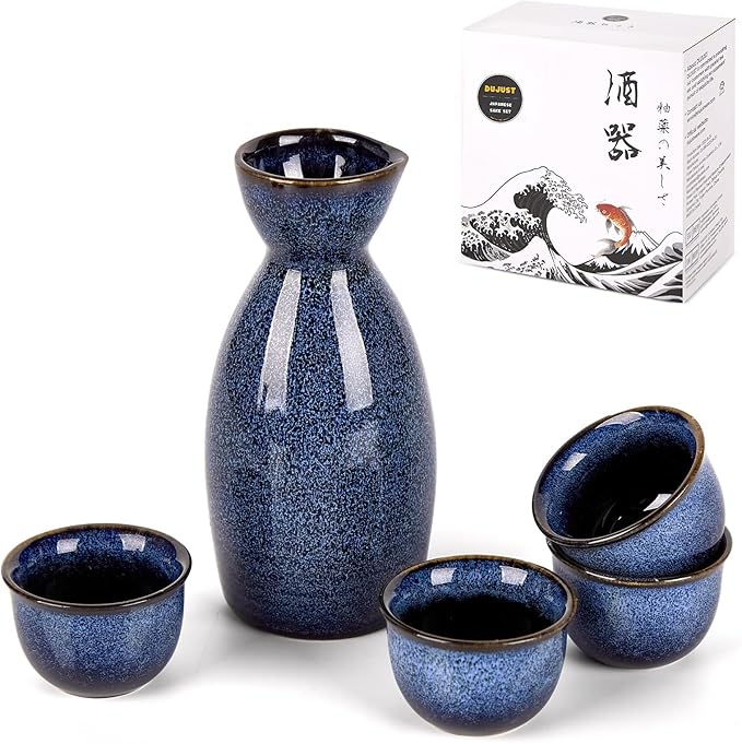 DUJUST 5 pcs Japanese Sake Set, Kiln Altered Glaze Porcelain Sake Set, 1 Bottle, 4 Cups & 1 Gift