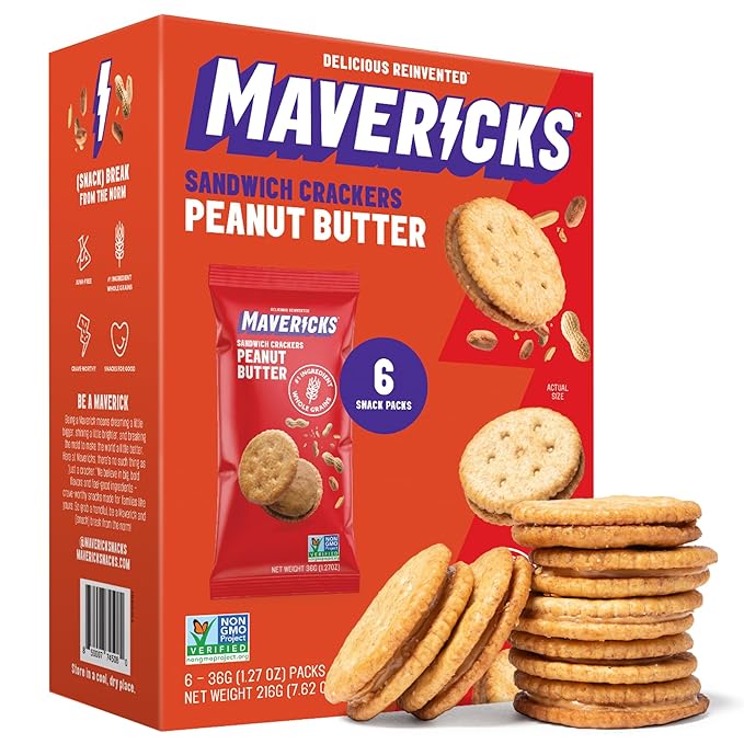 Mavericks Sandwich Crackers Peanut Butter - Plant-Based Peanut Butter Sandwich, Snack Crackers