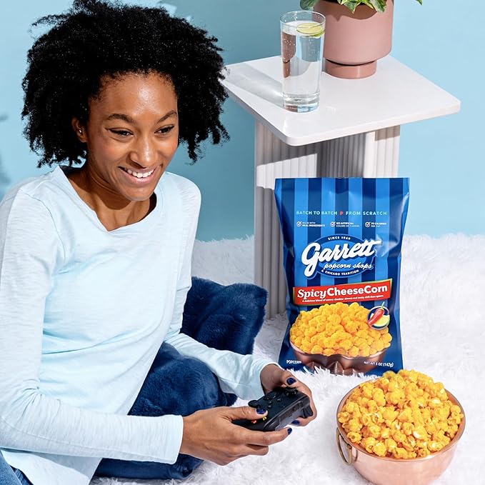 Garrett Popcorn Spicy CheeseCorn, 5.0oz, 4 Bags, Spicy Cheddar Popcorn, Gluten Free, Bold Snack