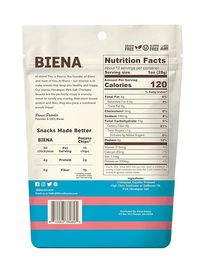 BIENA Roasted Chickpea Snacks ??Himalayan Salt, 1 Value Pack ??Crispy Salted Chickpeas Loaded with