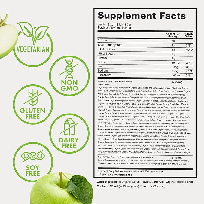 Zena Nutrition Organic Super Greens Powder, 70+ Superfoods, 0 Sugar, 3G Fiber, Spirulina