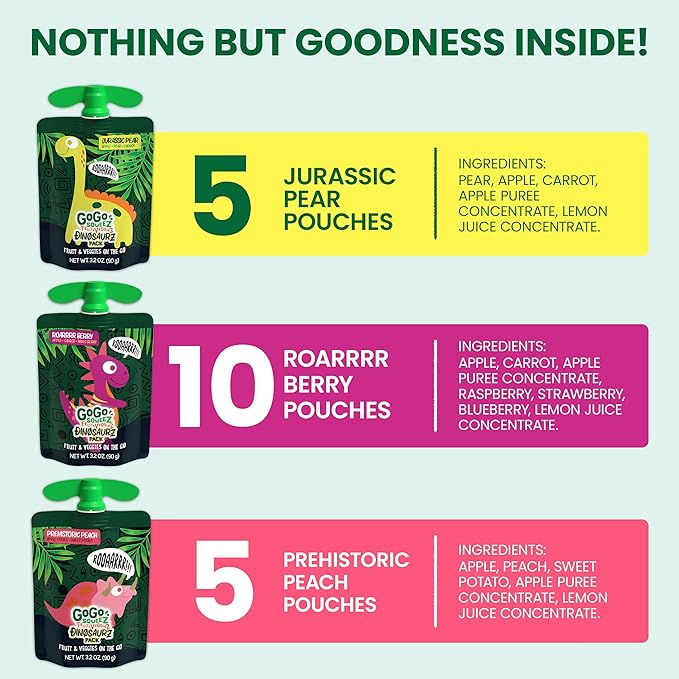 GoGo squeeZ Fruit & veggieZ Applesauce and Puree Variety Pack, Jurassic Pear, Roarrrr Berry &