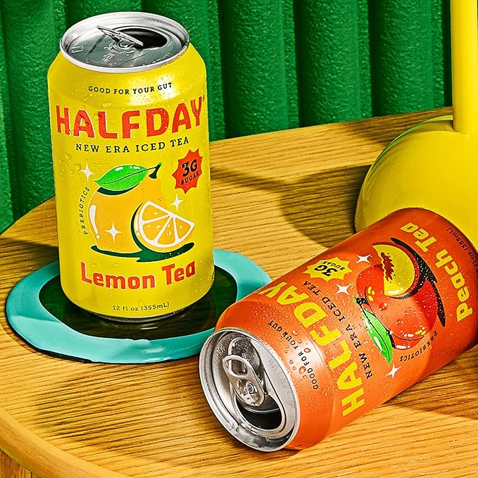 HALFDAY Prebiotic Iced Tea Peach & Lemon Variety Pack, Supports Digestive & Gut Health, 6g Plant
