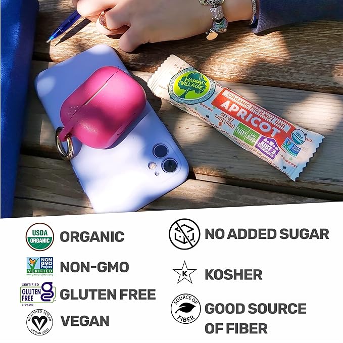 Happy Village Organic Fig & Nut Bar, APRICOT | Only 3 Ingredients, Gluten Free, No Added Sugar