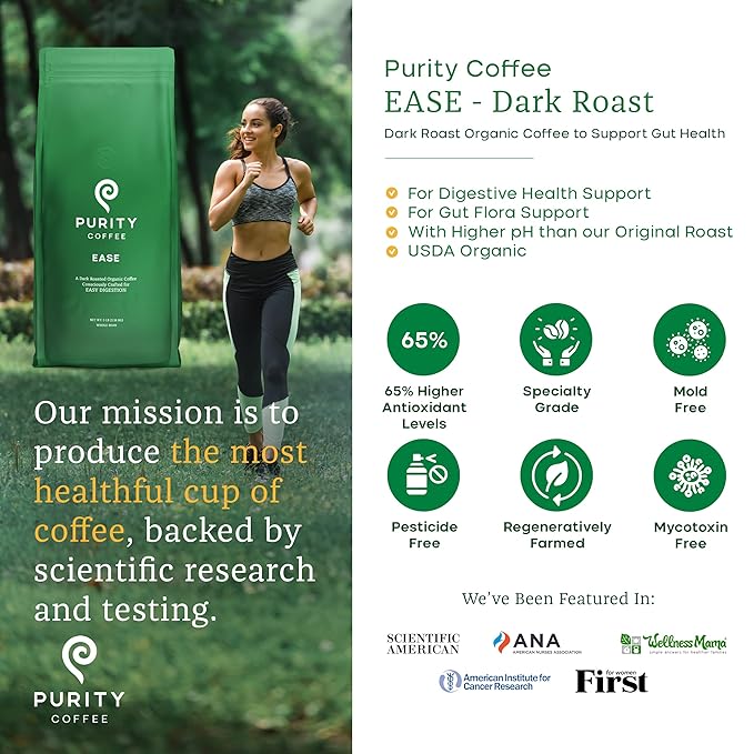Purity Coffee EASE Dark Roast Low Acid Organic Coffee - USDA Certified Organic Specialty Grade