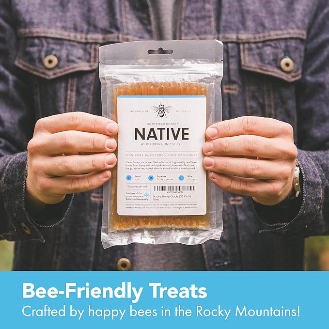 Homestead Honey Native Honey Sticks for Tea - 50-Pack Bulk Packets, Single Serve - Pure Wildflower