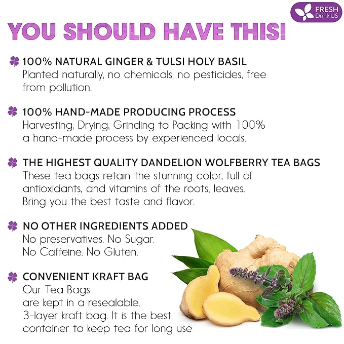 FreshDrinkUS, Premium 135 Ginger Tulsi Tea Bags, 100% Natural, Hand-made Blend of Ginger and Tulsi