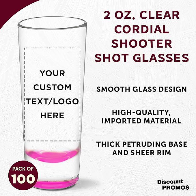 Custom Cordial Shooter Shot Glasses 2 oz. Set of 100, Personalized Bulk Pack - Great for Birthdays