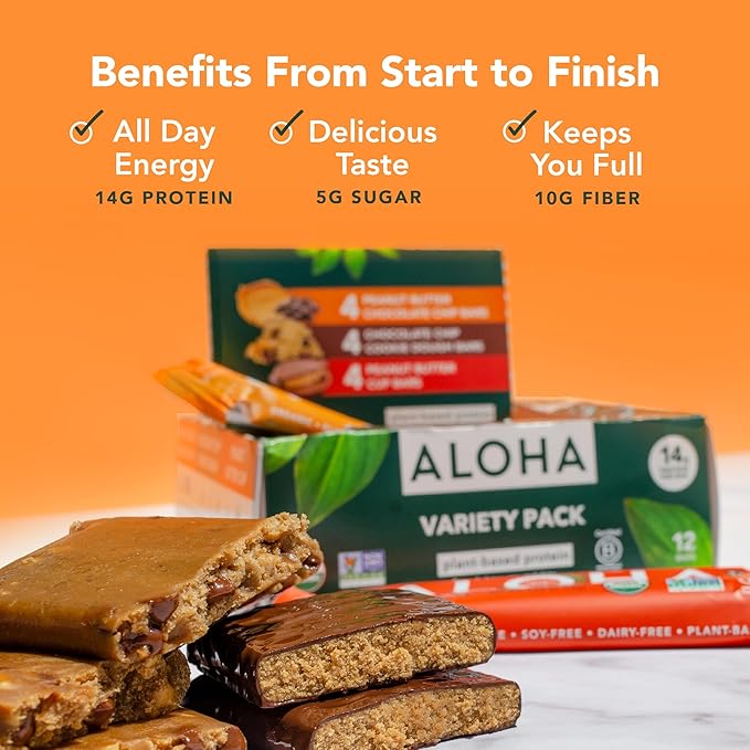 ALOHA Organic Plant Based Protein Bars - 3 Flavor Variety Pack - 12 Count, 1.98oz Bars - Vegan