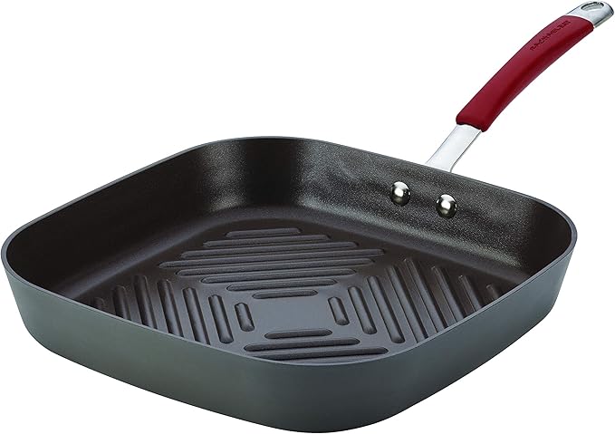 Rachael Ray Cucina Hard-Anodized Nonstick 11-Inch Deep Square Grill Pan, Gray with Cranberry Red