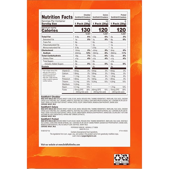 Goldfish Crackers Big Smiles Variety Pack with Cheddar, Colors, and Pretzels, Snack Packs, 30 Ct