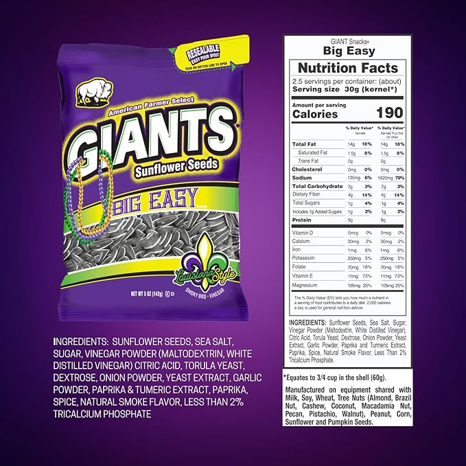 GIANTS Big Easy Sunflower Seeds - Sunflower Seeds to Eat, High Protein Snack, Smoky BBQ & Vinegar