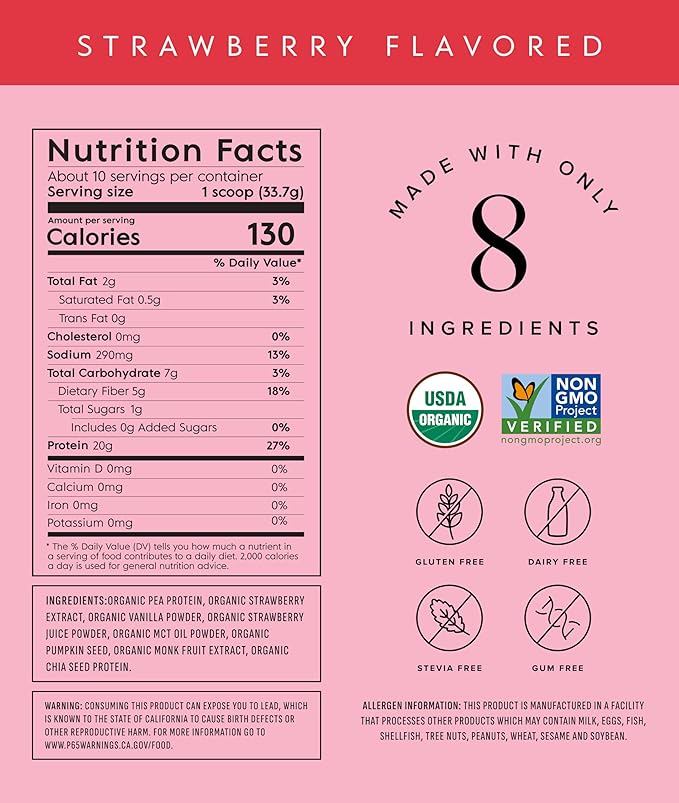 Truvani Vegan Pea Protein Powder | Strawberry | 20g Organic Plant Based Protein | 10 Servings |
