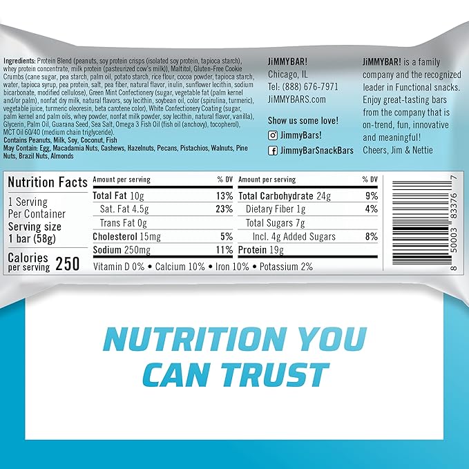JiMMYBAR! Mint Cookies N Cream - 19g Protein Bars - 7g Low Sugar- 12 Count - 58g Health Bars