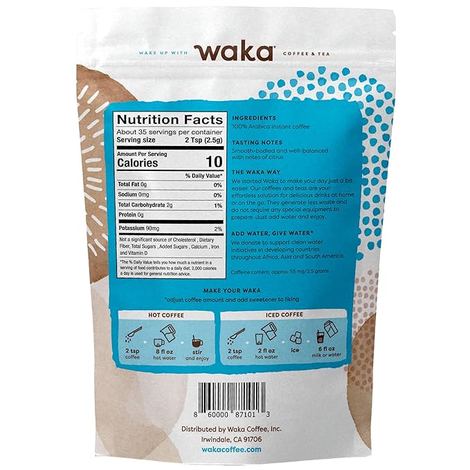 Waka Instant Coffee, Medium Roast - 100% Arabica Colombian Beans, Freeze Dried Granules, No Sugar