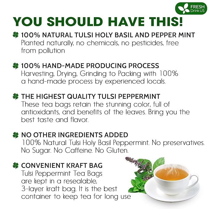 FreshDrinkUS, Premium Tulsi Peppermint Herbal Tea ??55 Tea Bags, 100% Natural, Blend of Tulsi Holy