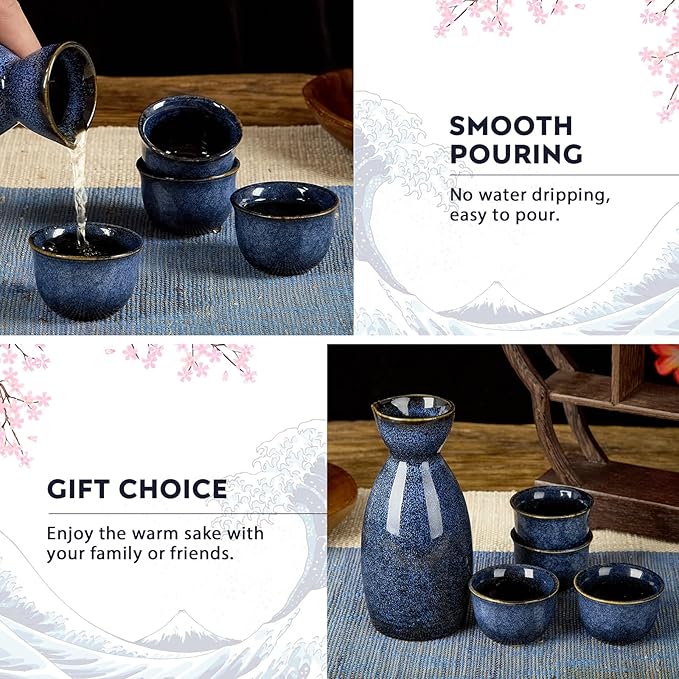 DUJUST 5 pcs Japanese Sake Set, Kiln Altered Glaze Porcelain Sake Set, 1 Bottle, 4 Cups & 1 Gift