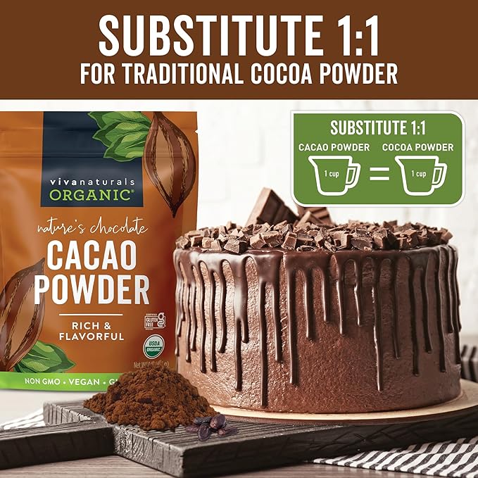 Viva Naturals Organic Cacao Powder, 1lb - Unsweetened Cacao Powder With Rich Dark Chocolate Flavor