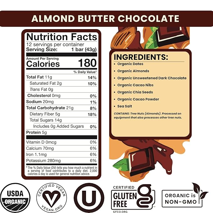 Bearded Brothers, Organic Vegan Protein Energy Bars, Almond Butter Chocolate (12 Pack) - Gluten