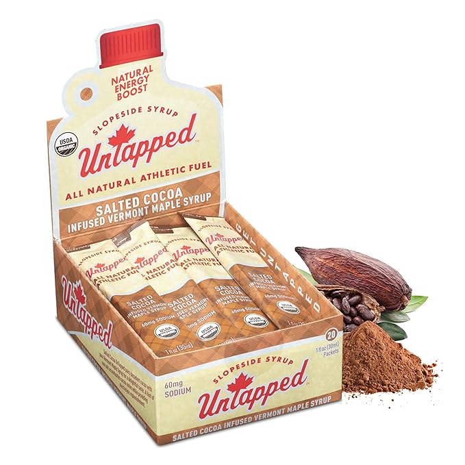 UnTapped Salted Cocoa Infused Vermont Maple Syrup Packets for Athletes, Box of 20-1 fl oz Each |