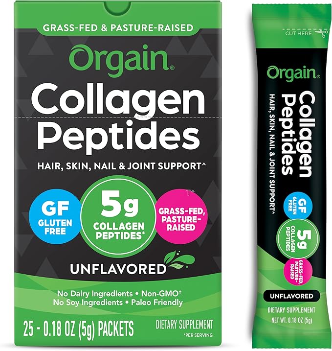 Orgain Hydrolyzed Collagen Peptides Travel Packets For Women & Men - 5g Grass Fed Collagen Per
