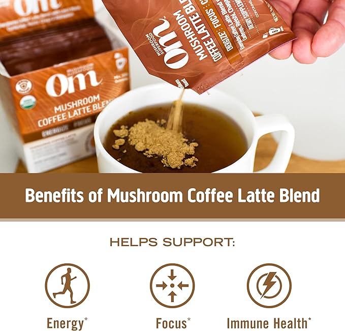 OM MUSHROOM SUPERFOOD Coffee Latte Blend Mushroom Powder, Single Serve, 10 Count, Lion's Mane