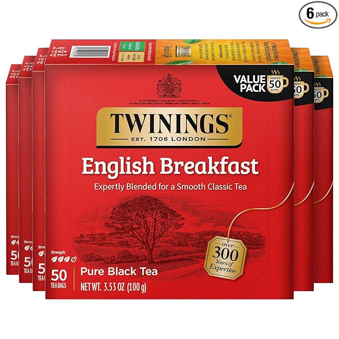 Twinings English Breakfast Black Tea Individually Wrapped Bags, 50 Count (Pack of 6), Flavourful