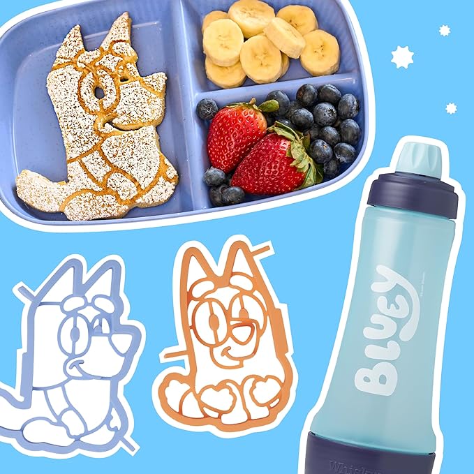 Whiskware Bluey Pancake Art Kit, 1 Batter Bottle, 2 Silicone Bluey and Bingo Pancake Molds, and 1