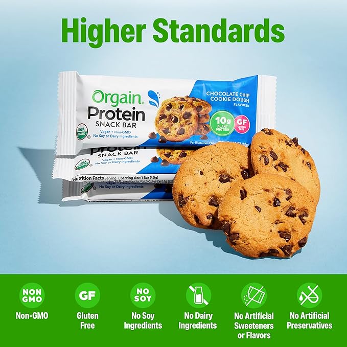 Orgain Organic Vegan Protein Bars, Chocolate Chip Cookie Dough - 10g Plant Based Protein, Low