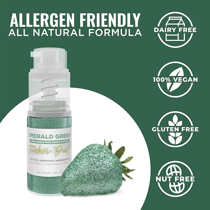 Bakell - Emerald Green Tinker Dust (4g, 1x Mini Spray Pump) Edible Glitter for Food, Desserts, and