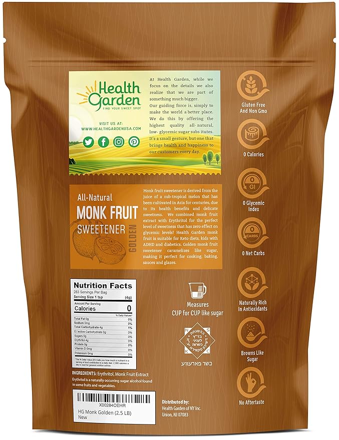 Health Garden Monk Fruit Sweetener, Golden- Non GMO - Gluten Free - 1:1 Sugar Substitute - Kosher