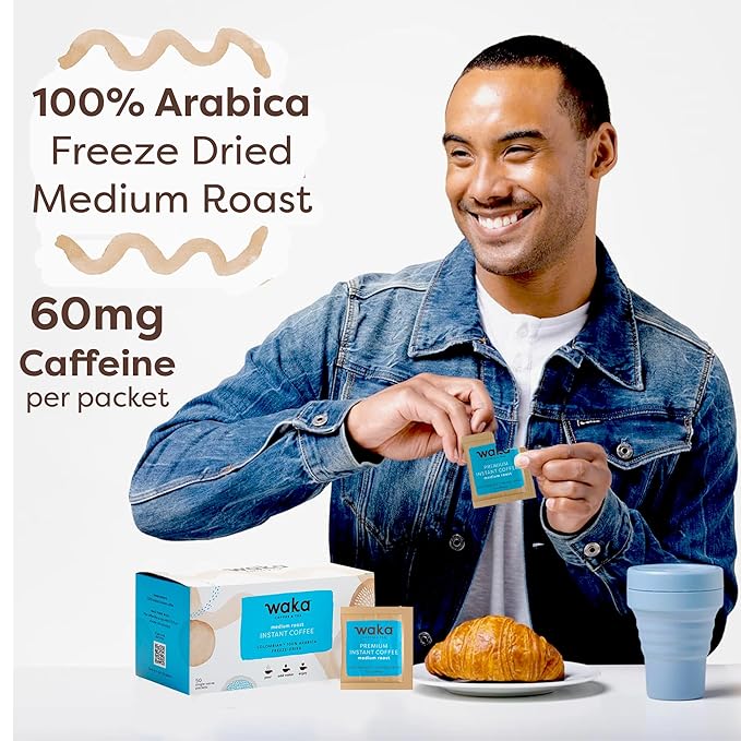 Waka Instant Coffee, Medium Roast - 100% Arabica Colombian Beans, Freeze Dried Granules, No