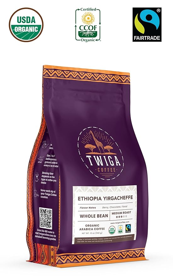 Twiga Coffee Ethiopian Coffee Beans - Ethiopian Yirgacheffe Whole Bean, Organic Medium Roast