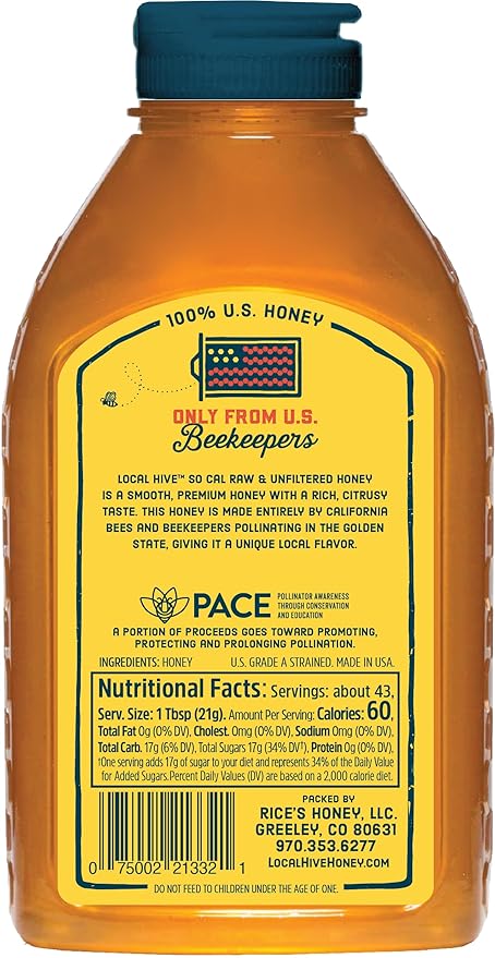 Local Hive Southern California Raw Unfiltered Honey – 32 oz, 100% Pure US Honey, Sourced from