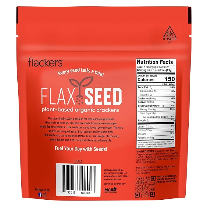 Flackers Organic Savory Flaxseed Crackers, 5 Ounce 1-Pack, Gluten Free, Non GMO, Vegan, Keto Snack