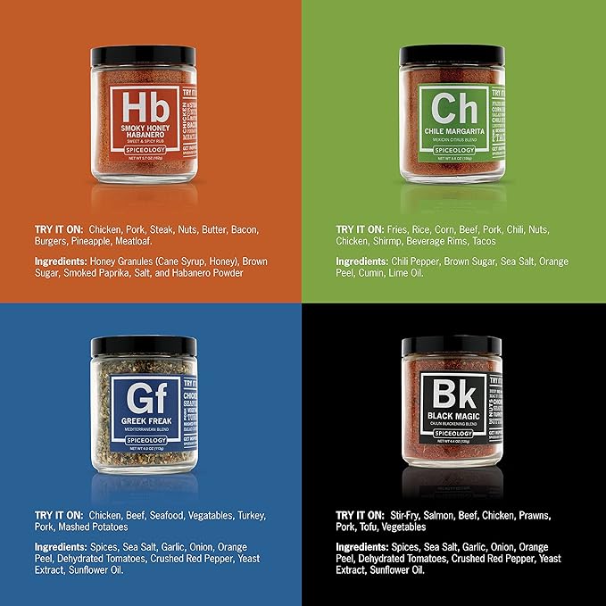 Spiceology - 4-Pack Signature Series - Smoky Honey Habanero, Chile Margarita, Greek Freak, and