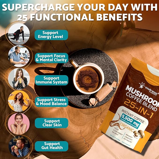 Mushroom Coffee Organic Instant Coffee, 25-in-1, Third-Party Tested Keto Friendly Lions Mane