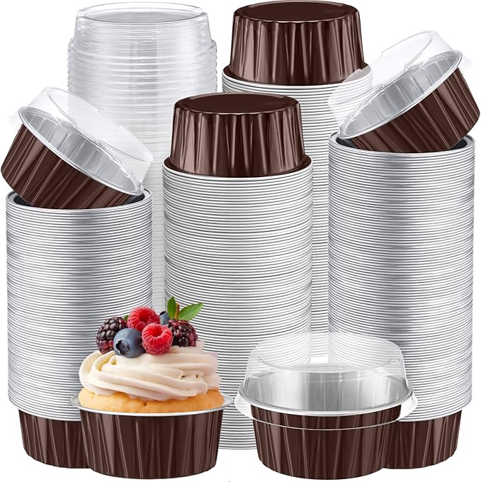 Gejoy 400 Pcs Aluminum Foil Baking Cups with Lids 5 oz Disposable Ramekins Mini Cake Pans Creme