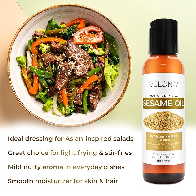 Sesame Seed Oil by Velona - 2 fl oz | 100% Pure and Natural Carrier Oil | Refined, Expeller Pressed