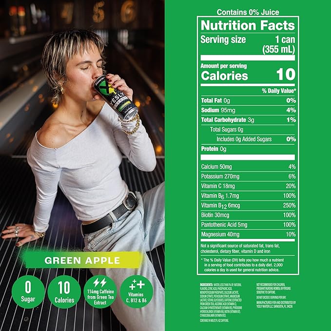 Yesly Energy Drink, Green Apple, Naturally Flavored Sparkling Energy Drink With Electrolytes