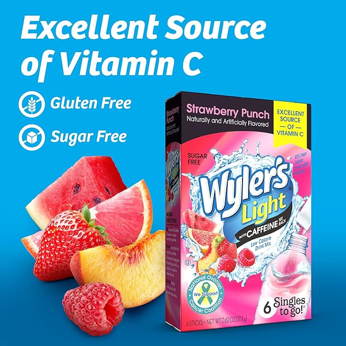 Wyler's Light Singles to Go Caffeinated Drink Mix - Strawberry Punch Powder Sticks (12 Boxes with 6